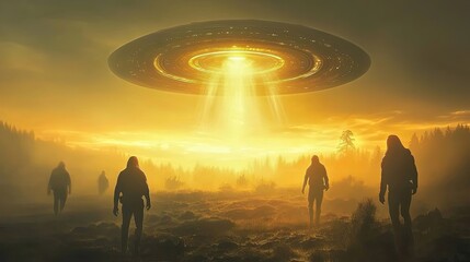 Silhouetted figures walk towards a glowing UFO in a misty forest