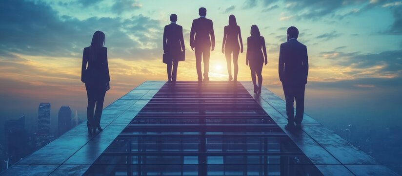 Silhouettes of businesspeople on rooftop looking at cityscape at sunset.