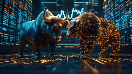 Bull vs bear fight in stock market financial showdown in a dynamic trading environment