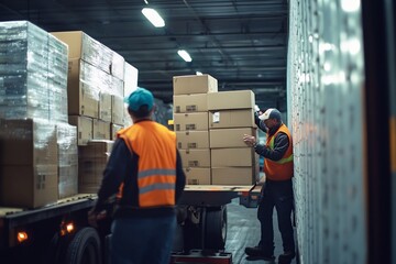 Delivery Personnel Unloading Boxes from Truck at Busy Warehouse Logistics