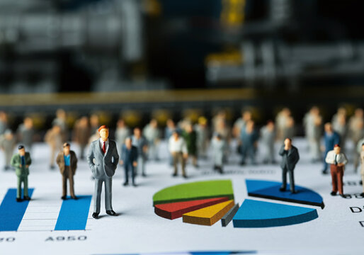 A small businessman stands atop financial charts and graphs, symbolizing success in the corporate world. Represents the concept of leadership and achievement, with miniature human figures set against