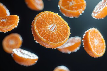 Vibrant Floating Orange Slices – Fresh Citrus Segments in Mid-Air, Perfect for Healthy Snacking, Citrus Photography, and Food Art
