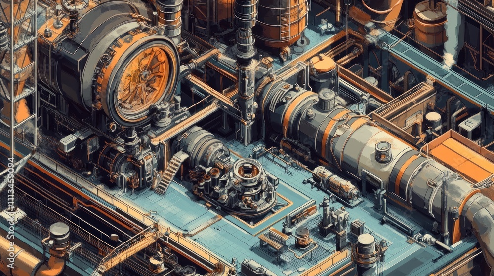Poster ndustrial design, steampunk, mechanical engineering, isometric view, exploded view, cross-section, c
