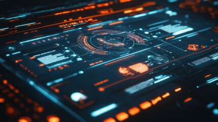 Futuristic HUD interface with glowing digital data and orange and blue accents.