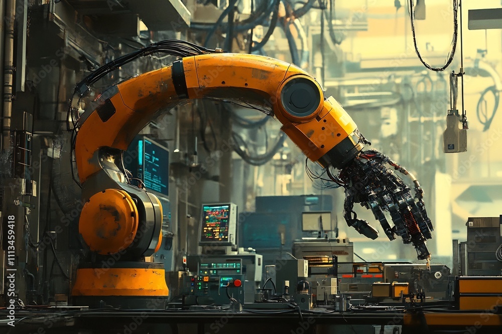 Poster robotic arm undergoing adjustment and inspection by mechanic in advanced factory setting