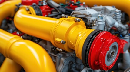 turbocharger installation. Close-up of a colorful engine component showcasing a bright yellow intake pipe and red fittings, highlighting intricate details and engineering.