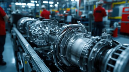 Fototapeta premium turbocharger installation. A detailed view of a metallic engine component in a manufacturing facility, showcasing precision engineering and industrial activity.