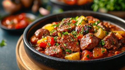 Close Up View of Brazilian Feijoada Dish with Colorful Ingredients and Garnish