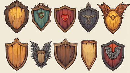 Game level ui icons, wooden shields or banners with wings and magic haze. Isolated award frames or bonus graphic elements, reward, trophy achievement and prize for rpg 2d design, Cartoon vector set