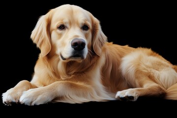 Calm and relaxed golden retriever dog laying on black background looking at the camera with ears perked up