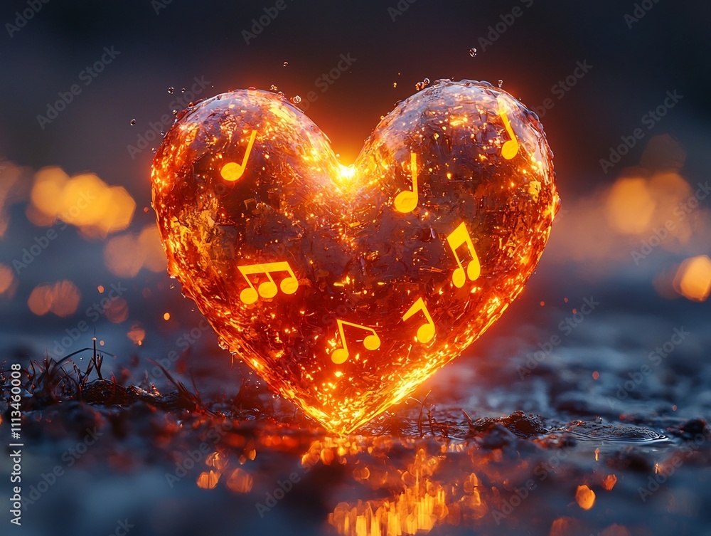 Poster glowing heart made of musical notes floating on a soft ethereal background representing the harmony 