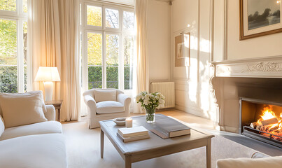 Fototapeta premium living room with fireplace-generative ai