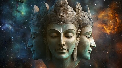 Three-faced serene Buddha statue against cosmic nebula.