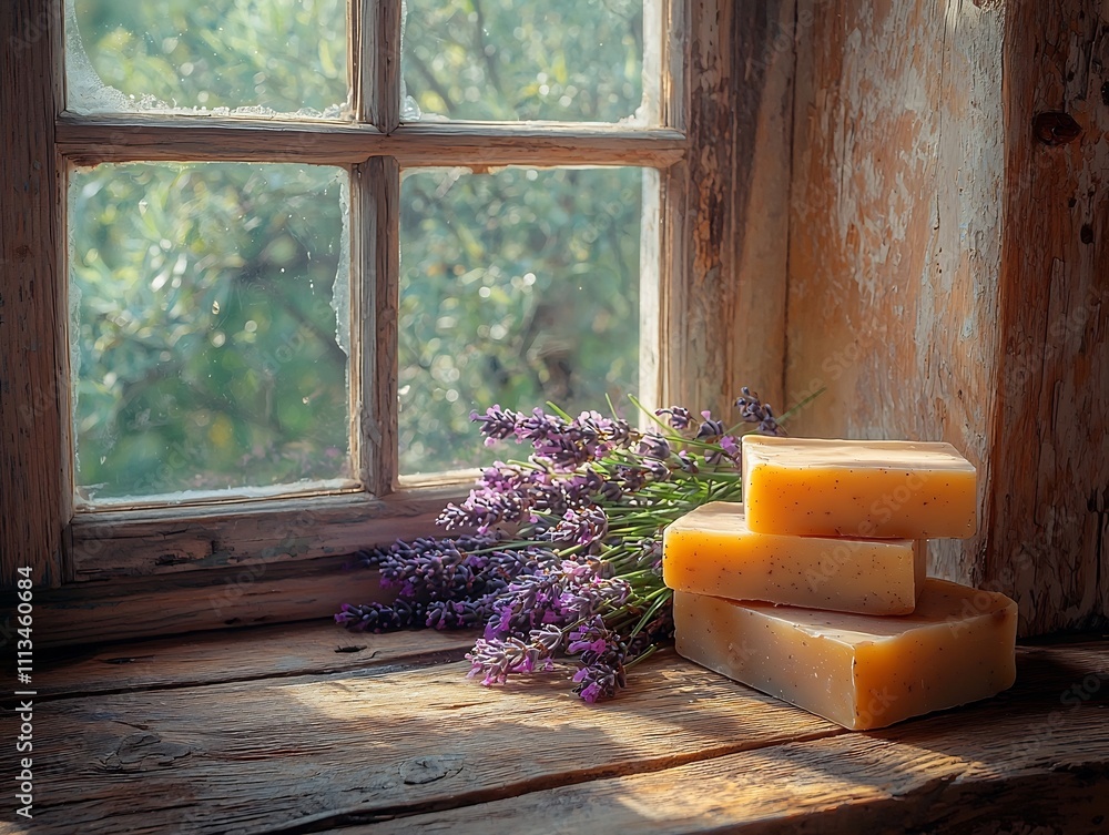 Poster rustic wooden table with handcrafted soap bars and lavender sprigs in soft sunlit window