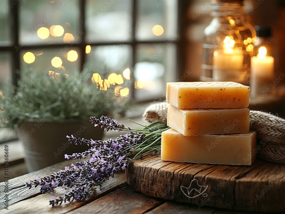 Poster handcrafted soap bars and lavender on rustic wooden table with soft sunlight