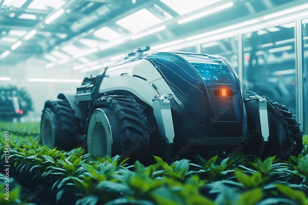 Poster futuristic agricultural robotics streamlined precision farming machinery and data driven crop