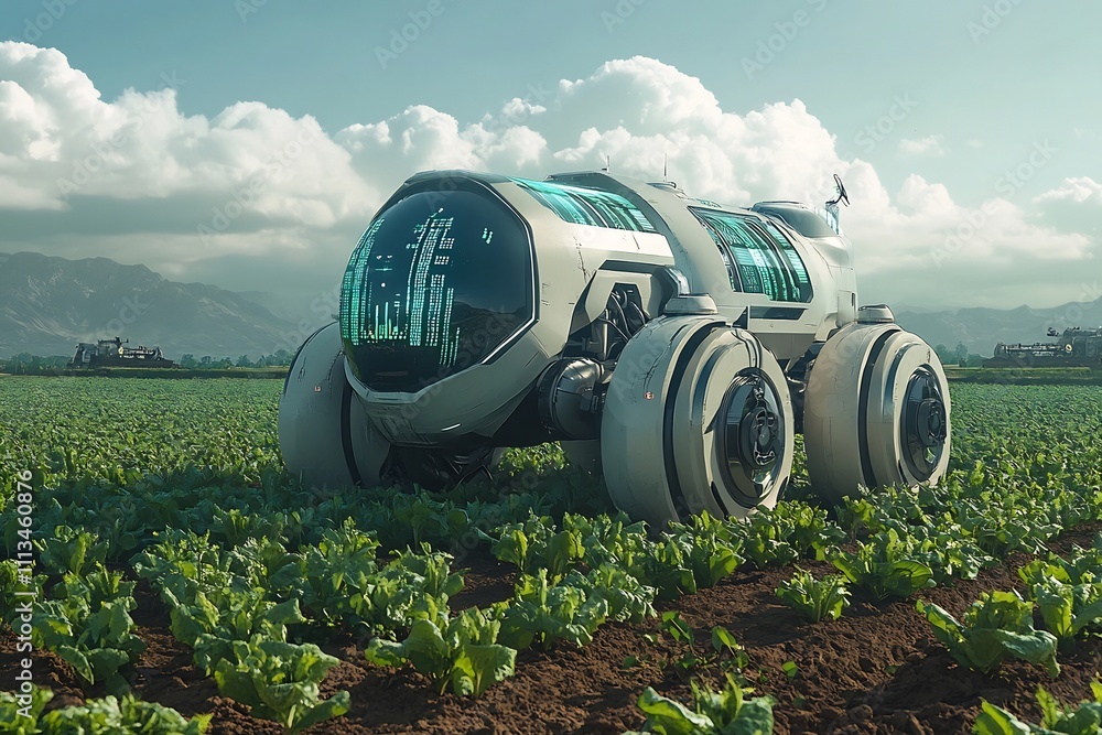 Poster futuristic robotic farming machinery revolutionizing agriculture with advanced sensors and data