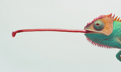 Colorful chameleon extending its long tongue