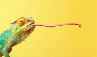 Colorful chameleon extending its long tongue against a bright yellow background in a lively display