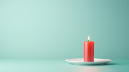 A red candle is lit on a white plate on a green background