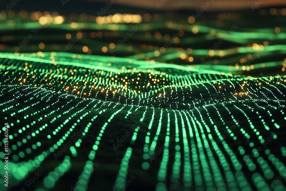 Poster precision farming data visualization in retrofuturistic neon infographic design