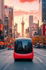 Fototapeta premium Mobile payment authentication concept. A futuristic red vehicle on a city street at sunset.