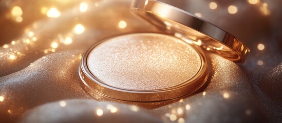 Obraz premium A compact of shimmery makeup powder rests on a soft, golden surface with blurred lights in the background.