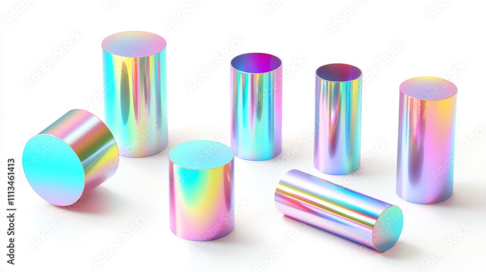Poster 3d set of holographic round and cylinder shape objects isolated on transparent background. vector re