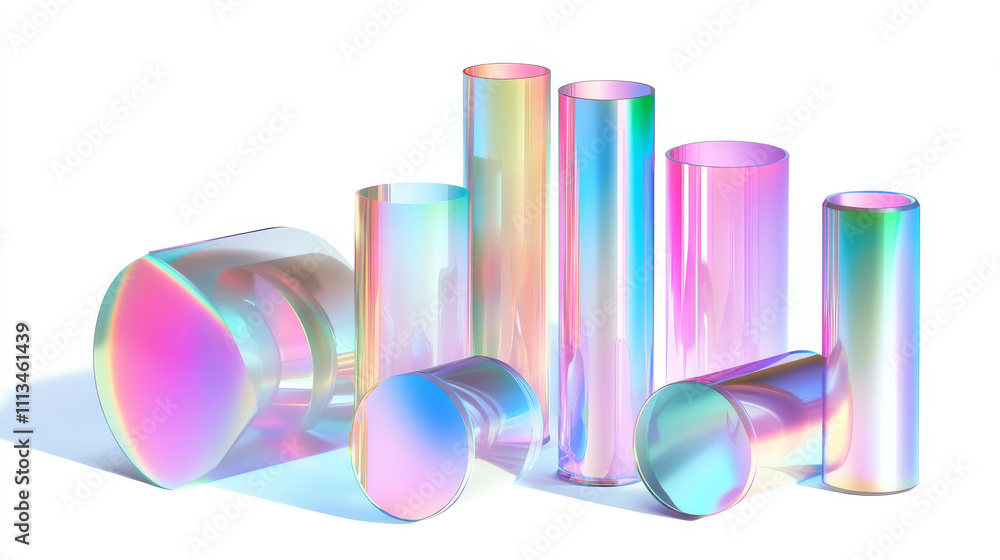 Poster 3d set of holographic round and cylinder shape objects isolated on transparent background. vector re