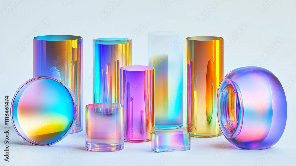 Poster 3d set of holographic round and cylinder shape objects isolated on transparent background. vector re