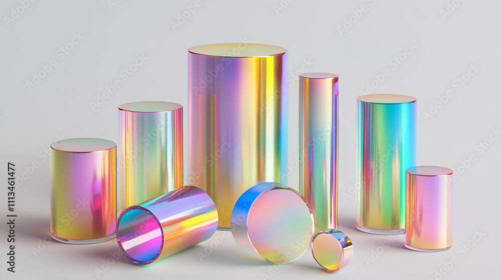 Poster 3d set of holographic round and cylinder shape objects isolated on transparent background. vector re