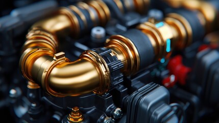 turbocharger installation. A close-up of a detailed engine component featuring shiny gold pipes and intricate mechanical parts.