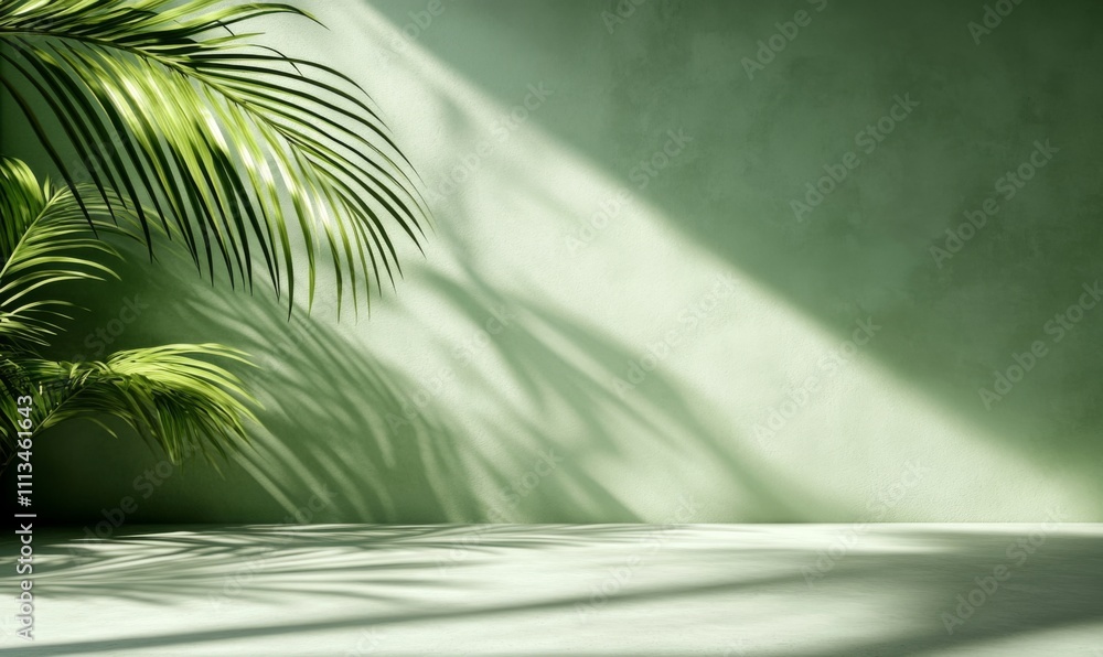 Poster green-themed 3d room rendering with palm tree branch casting shadows, creating dreamy and serene atm