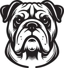 This stylized black and white vector illustration showcases a majestic bulldog, embodying strength, loyality, and resilience. perfect for designs related to pet adoption and urban lifestyle.