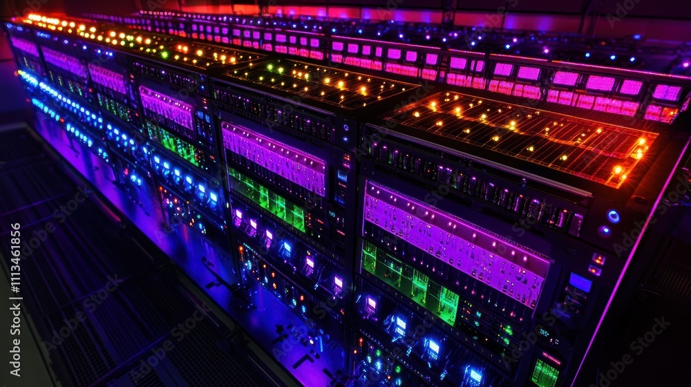 Poster illuminated server racks in a modern data center