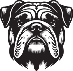 This stylized black and white vector illustration showcases a majestic bulldog, embodying strength, loyality, and resilience. perfect for designs related to pet adoption and urban lifestyle.