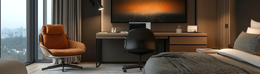 A small desk setup in a bedroom, blending work and relaxation spaces