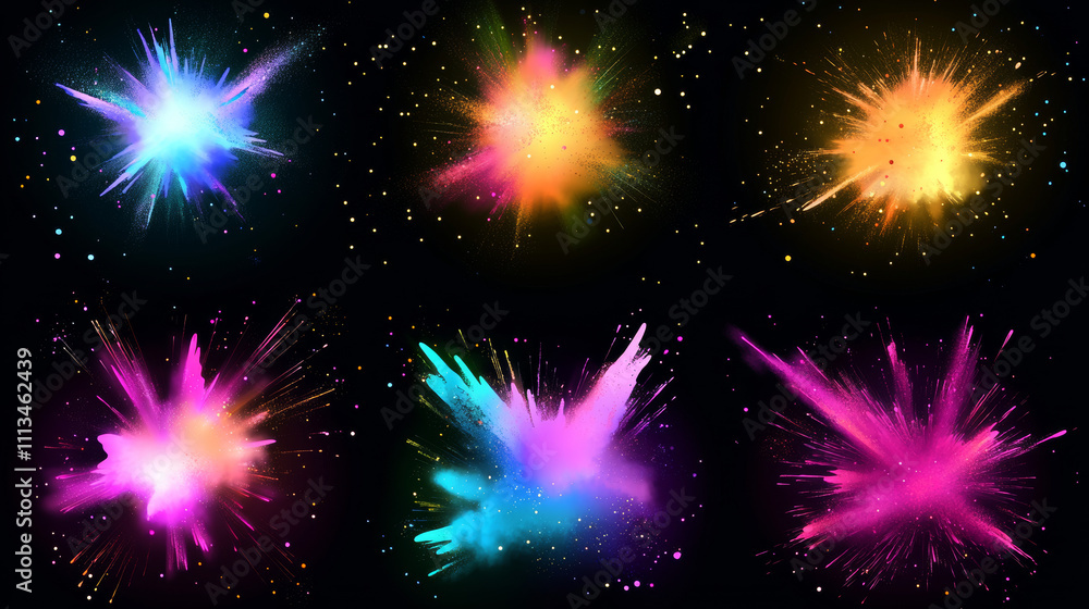 Aufkleber color powder explosions isolated on transparent background. splash of paint dust with particles. vec