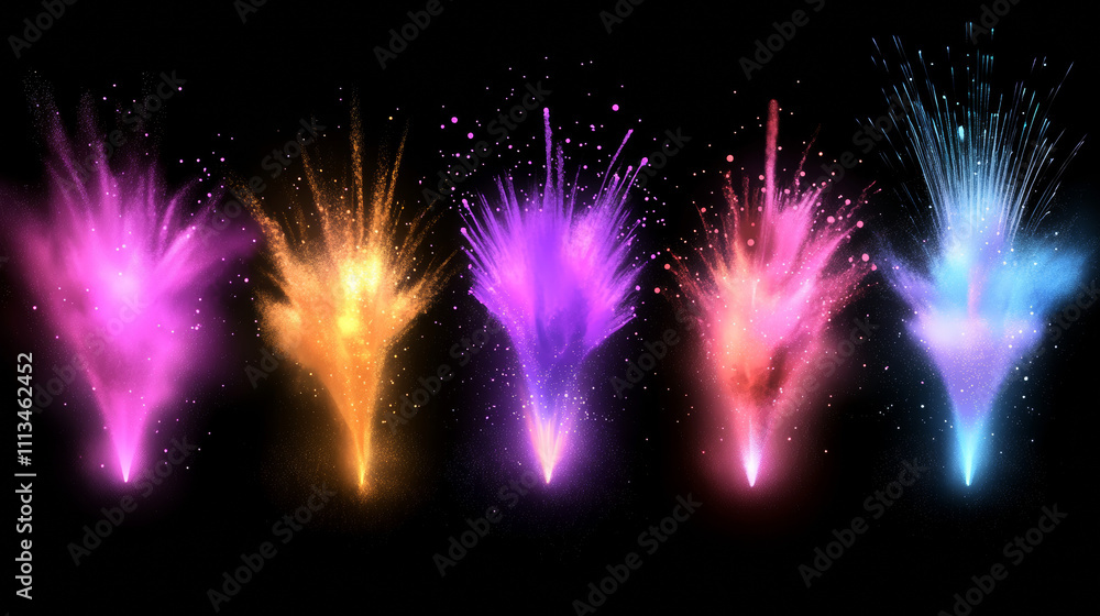 Poster color powder explosions isolated on transparent background. splash of paint dust with particles. vec