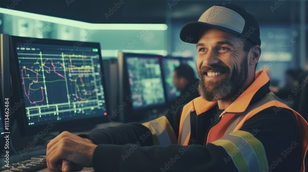 Poster smiling worker in control room