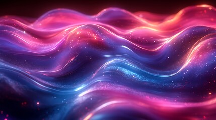 Obraz premium Wavy holographic streaks in gradient transitions from magenta to turquoise creating a luminous effect