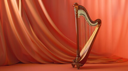 A harp displayed against a warm coral backdrop