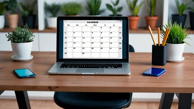 Video footage of laptop displaying a calendar is on a wooden desk with potted plants, a smartphone, a notebook, and a pencil holder, creating a neat and organized workspace