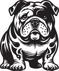 This stylized black and white vector illustration showcases a majestic bulldog, embodying strength, loyality, and resilience. perfect for designs related to pet adoption and urban lifestyle.
