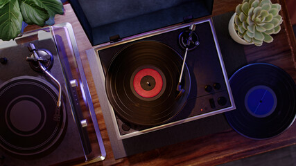 Record player with vinyl. Turntable vintage vinyl, retro music audio device 3d illustration.