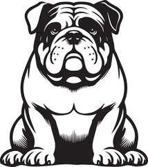 This stylized black and white vector illustration showcases a majestic bulldog, embodying strength, loyality, and resilience. perfect for designs related to pet adoption and urban lifestyle.