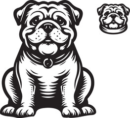 This stylized black and white vector illustration showcases a majestic bulldog, embodying strength, loyality, and resilience. perfect for designs related to pet adoption and urban lifestyle.