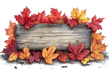 Obraz premium Empty wooden sign with space for text on a background of tree branches with autumn leaves. The template for a banner or an advertisement for a seasonal discount. 