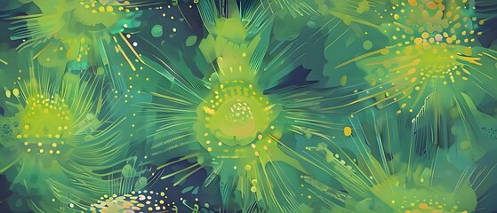 abstract wallpaper illustration, symbolic for artificial intelligence, lines, dots and pattern, vibrant yellow green and blue hues