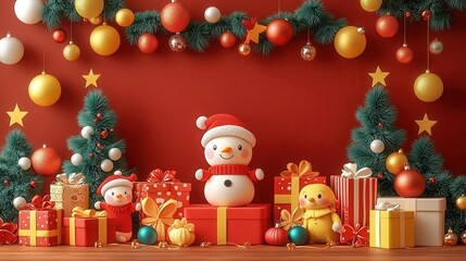 3d Christmas nursery decor. Festive holiday decorations featuring snowmen, gifts, and ornaments create a joyful Christmas atmosphere.